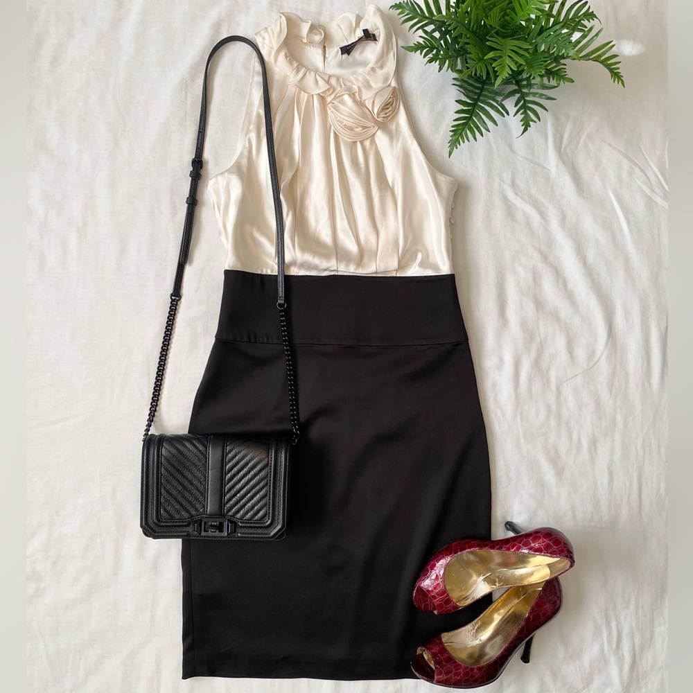 BCBGMaxAzria Cream and Black Sleeveless Sheath Dress